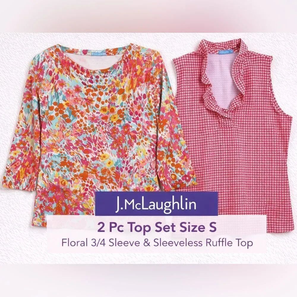 J. McLaughlin 2 Pc Top Set Size S Floral 3/4 Sleeve & Sleeveless Ruffle Top